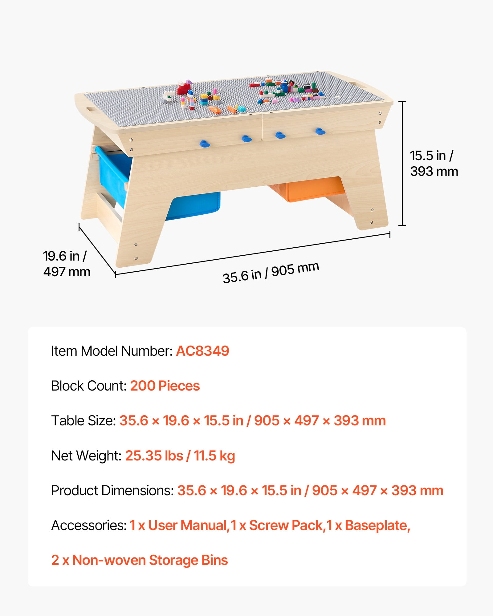 VEVOR Kids Reversible Wooden Activity Table, Multi-Purpose Activity Play Table with 200 Building Bricks & 3 Storage Bins for Kids 3+ Years, Large Storage Space, Present for Boys & Girls, Natural