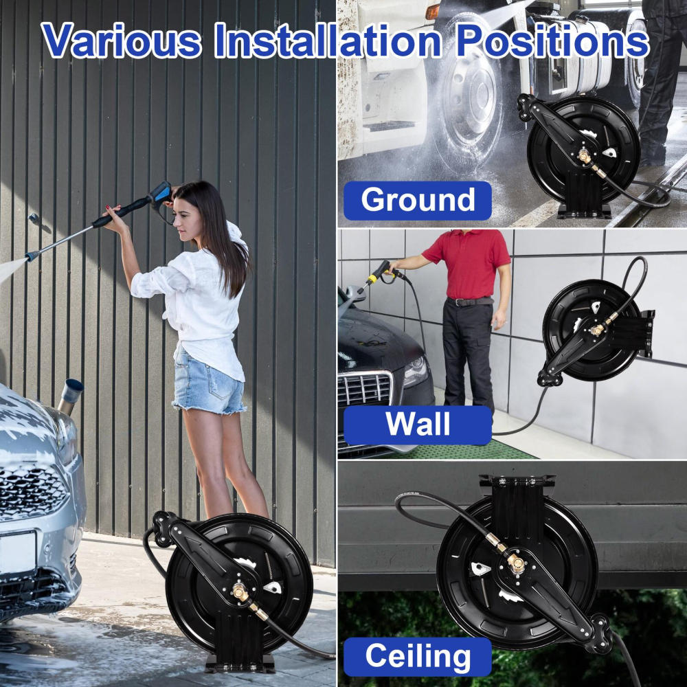 VAHIGCY Pressure Washer Hose Reel 50 Ft 3/8inch X 50 FT Heavy Duty Tools Hose Reel Auto-Retractable Hose Reel Steel Arm 4000 PSI Hose Reel For Easy Watering Of Garden Or Yard usual