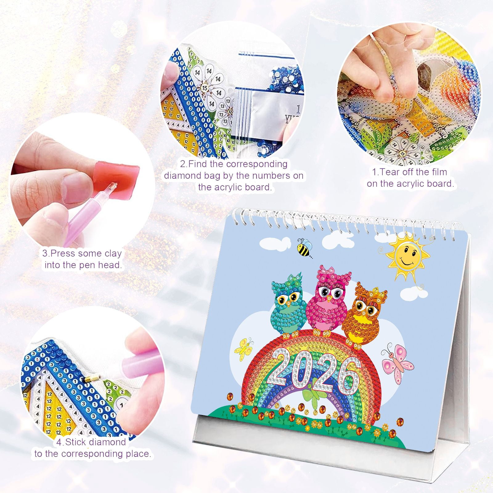 FLOPESN 2026 Desk Calendar DIY Diamond Painting Craft Kit, 7.68*6.69 in Paper Calendar with Special Drills for Home Office Decor-Colorful Owl
