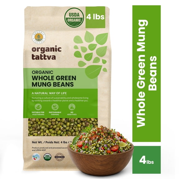 Organic Tattva Whole Green Mung Beans 4LB, Dry Green Moong Dal Lentils, Vegan, Kosher, No Additives, Gluten Free, USDA Certified