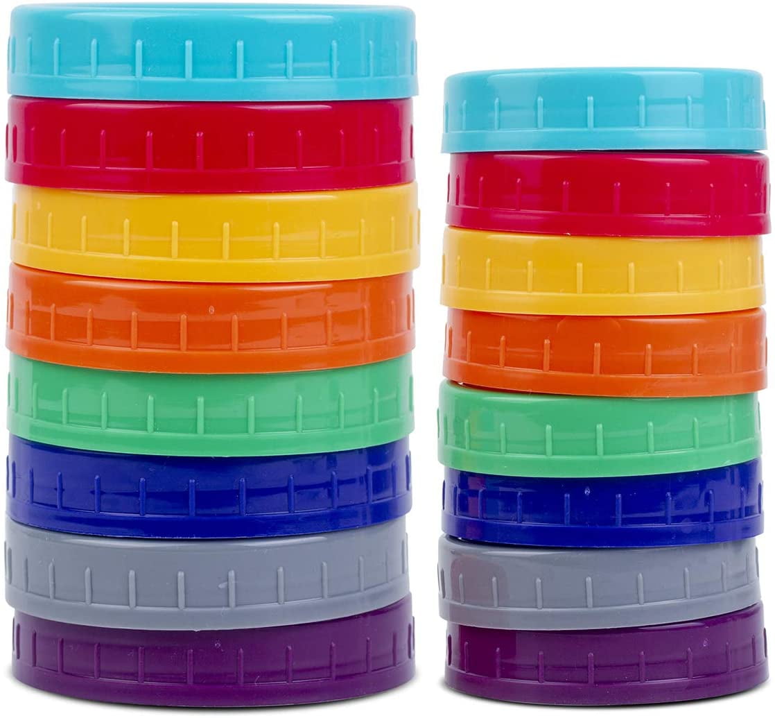 16 Pack Colored Plastic Mason Jar Lids for Ball, Kerr and More - 8 Regular Mouth & 8 Wide Mouth - Food-Grade Recyclable Plastic Storage Caps for Mason, Canning Jars - Anti-Scratch Resistant Surface
