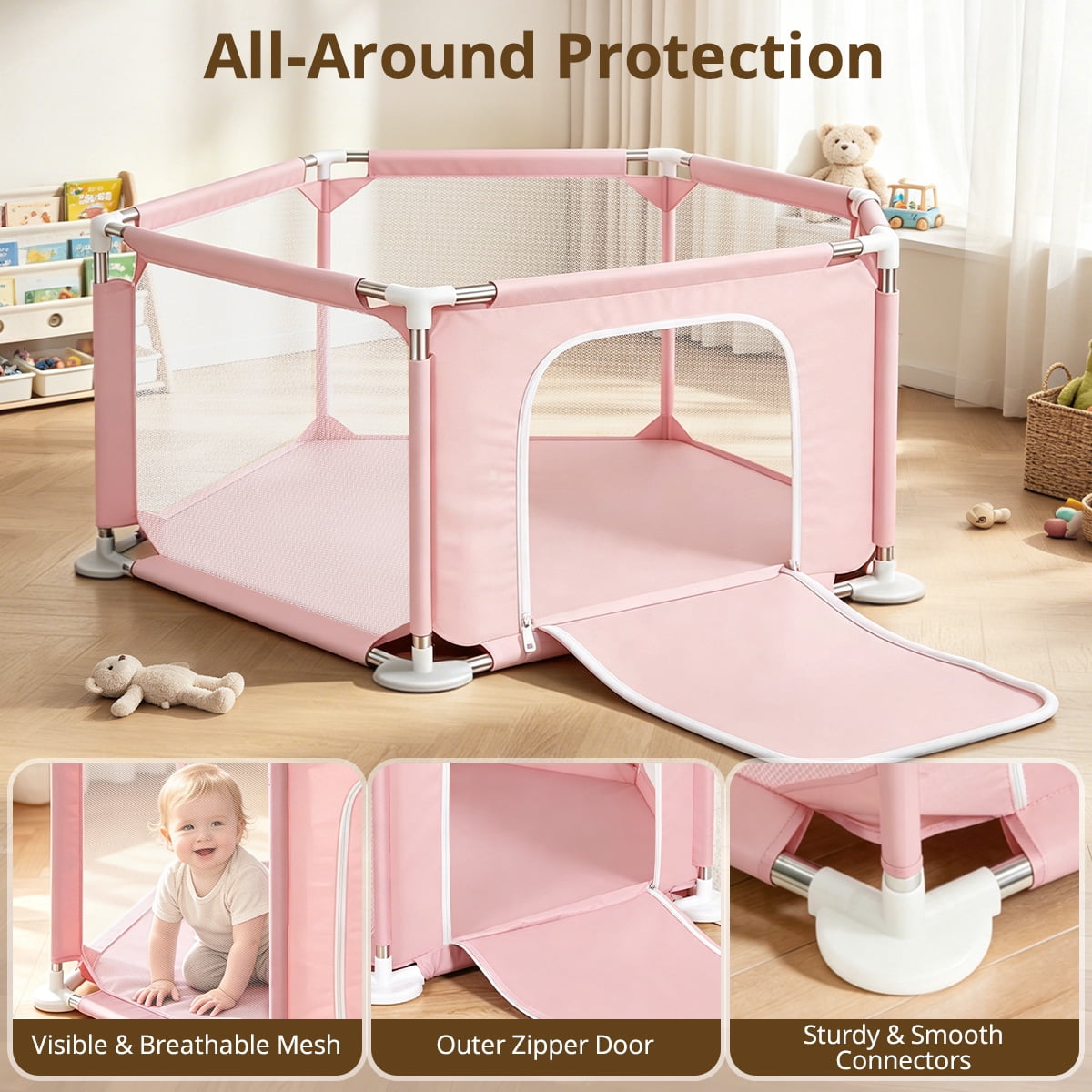 Baby Playpen, Travel Baby Playards, Baby Play Yard, 6Panels Portable Infant Play Game Area,Pink