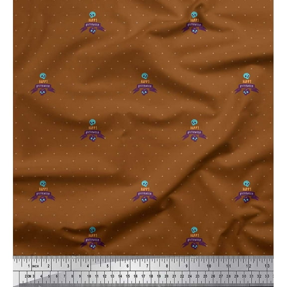 Soimoi Brown Cotton Voile Fabric Dot & Skull Halloween Print Fabric by Yard 42 Inch Wide