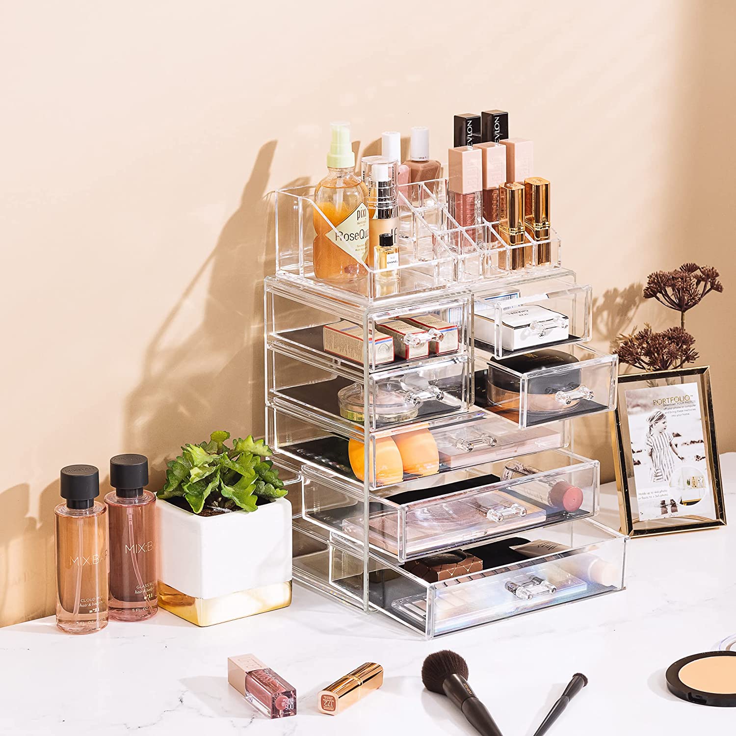 Sorbus Clear 2 Piece Makeup Organizer Case & Display - Spacious Design - Great for Dresser, Bathroom, Vanity & Countertop