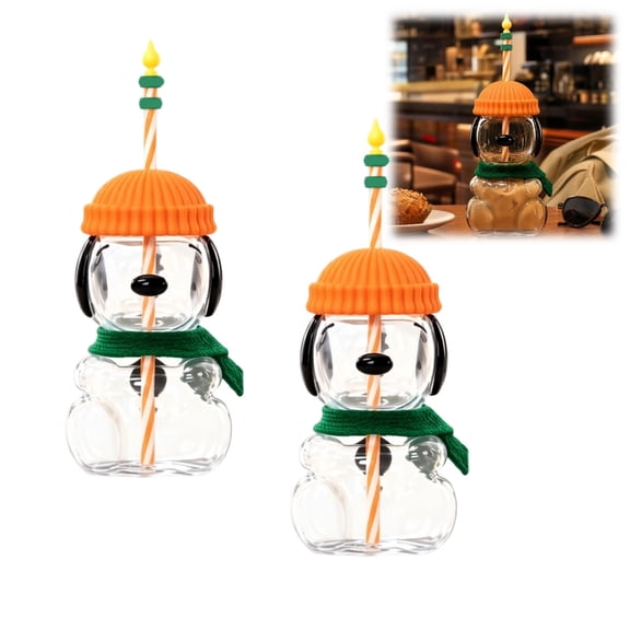 Dog Glass Cup with Straw and Decorative Straw Topper, Clear Dog Shaped Glass Tumbler, 20oz Transparent Drink Cup for Iced Tea Milk Tea, Home & Picnic Use (2PCS)