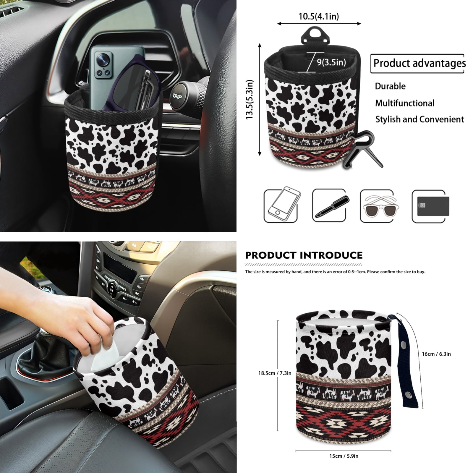 Yuyamidu Cow Print Car Front Seat Cover Set with Steering Wheel Cover Red Aztec Seat Belt Pads Armrest Cover Coasters Trash Bag Air Vent Storage Bag Rearview Mirror Cover Keychain, 12 Pack