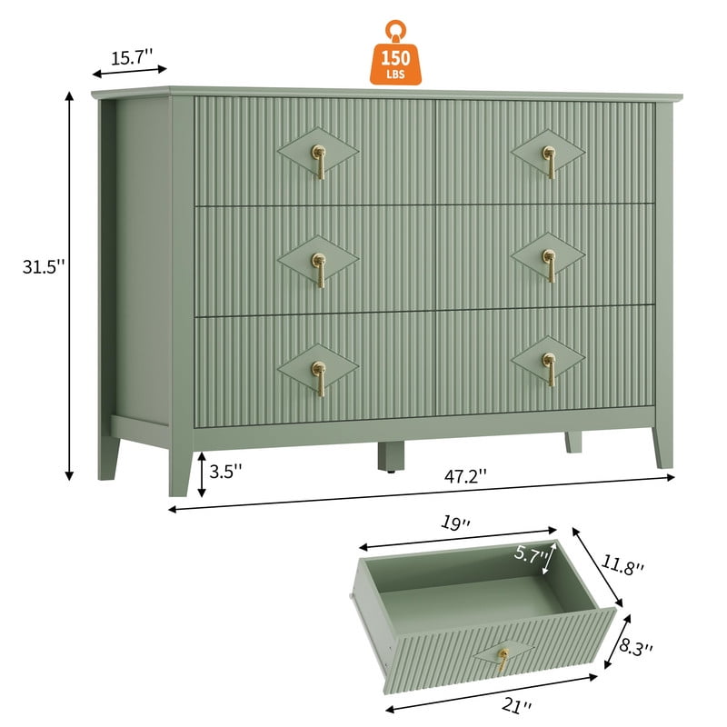 TROPOW Fluted 6 Drawers Dresser for Bedroom, 47.2" Wide Modern Chest of Drawers with Metal Handle, Wooden Dresser Organizer for Bedroom, Living Room, Hallway, Entryway