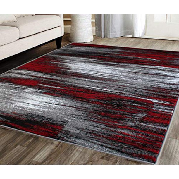 Vintage style floral distressed heat-set area rugs Masada Rugs, Modern Contemporary Area Rug, Red Grey Black (5 Feet X 7