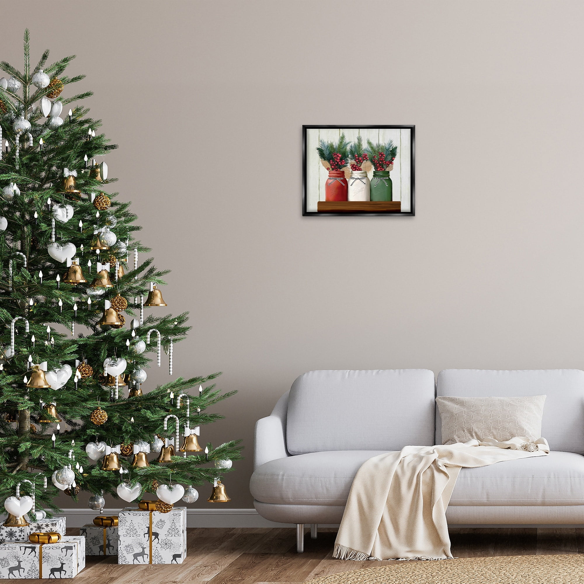 Stupell Industries Festive Holiday Jars Christmas Berry Bouquets Jet Black Framed Floating Canvas Wall Art, 16x20, by Ziwei Li