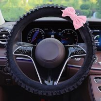 15 Inches Universal Round Car Steering Wheel Cover, Cute Bow Soft Plush Breathable Non-Slip Steering Wheel Protector Wrap for Women, Pink