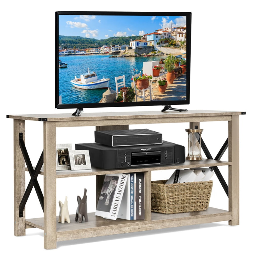 Finihen TV Stand, TV Cabinet, 3 Tier Wood TV Stand for 55-Inch with Open Shelves and X-Shaped Frame, Media Entertainment Center with Storage, for Living Room, Bedroom, Gray