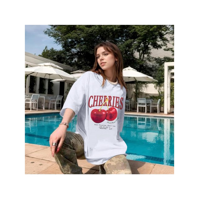 Oversized Graphic Tees Vintage Cherry Fruit Shirt for Women Aesthetic Printed Unisex T Shirts Short Sleeve Casual Tops
