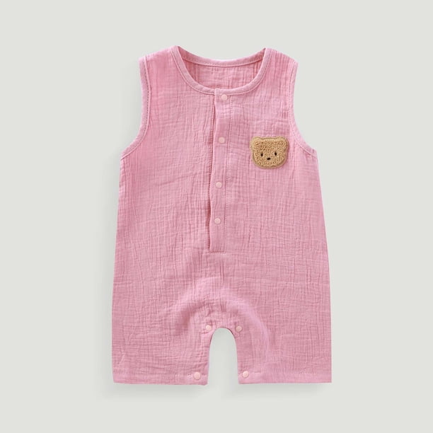 Ropa de bebé sin mangas corta con bordado de oso de escalada, mono transpirable de gasa que absorbe el sudor, gasa de doble capa, botón oculto, algodón para niños hayi