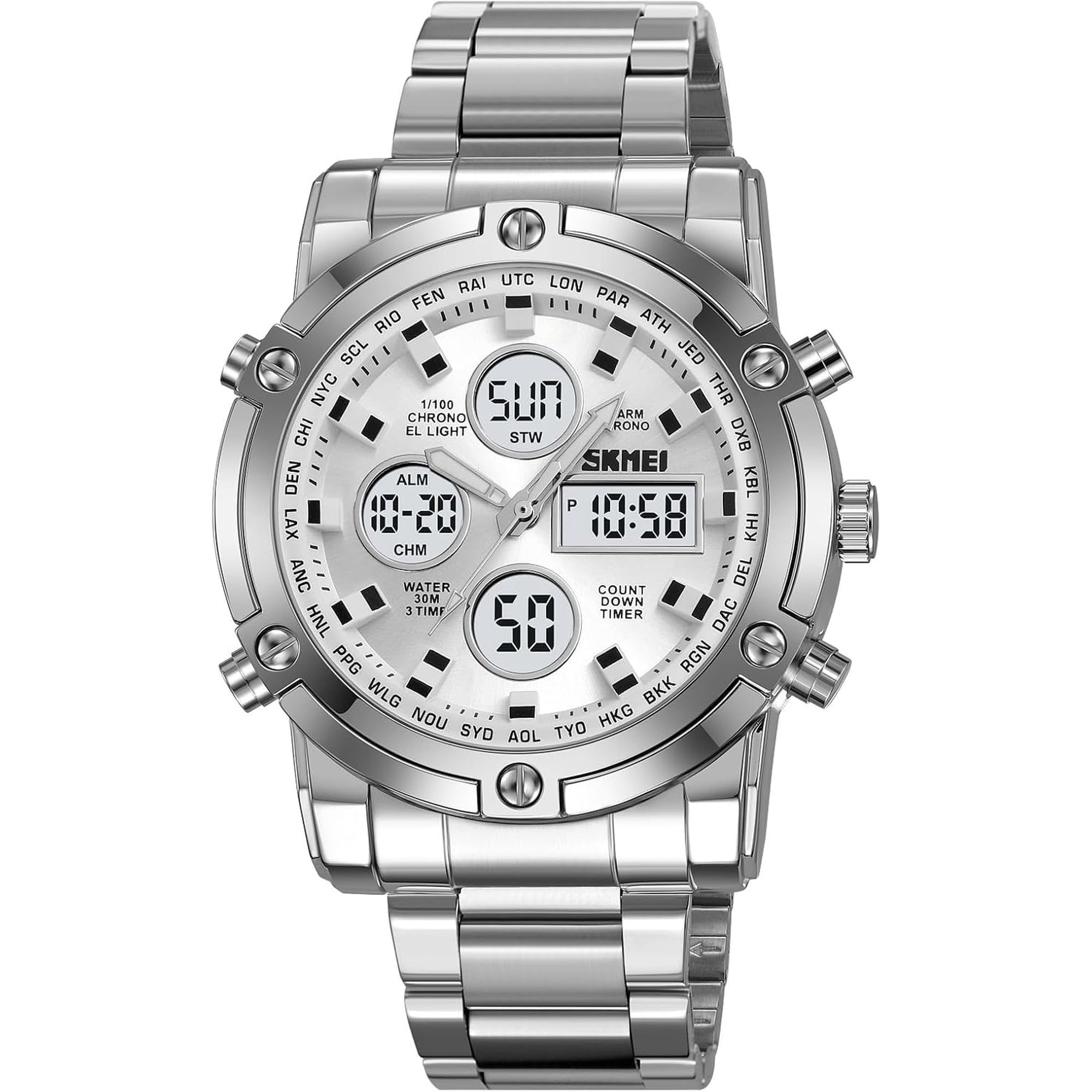 Mens Wrist Watch, Waterproof Military Analog Digital Watches with LED Multi Time Chronograph, Stainless Steel Business Watches for Men
