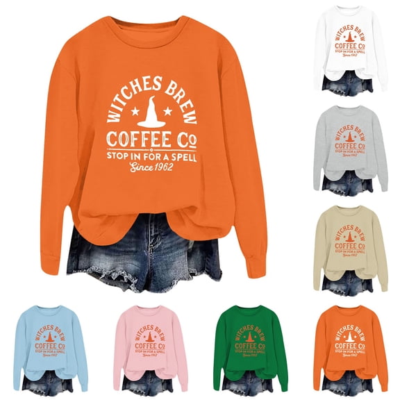 WEIWEN Halloween Sweatshirt for Women 1692 Salem Broom Co Pullover Sweaters Long Sleeve Witch Fall Outfits for Women Winter Tops Womens Fall Fashion Clothing Light Gray, S