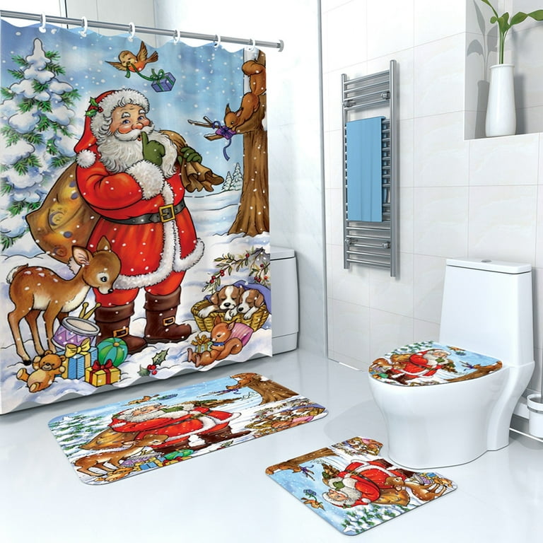 4 Pcs Christmas Shower Curtain Set with Rug, Farmhouse Shower Curtain  Waterproof Bathroom Set with Hooks, Toilet Lid Cover, Bath Mat