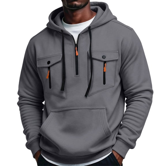 Mens Pullover Hoodie Fleece Sweatshirt Chest Zip Pockets Kangaroo Pocket Casual Hooded Top