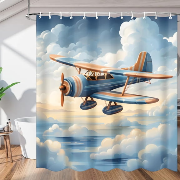 Vintage Plane Flying Pattern Shower Curtains, Waterproof Fabric, Washable Polyester Bath Curtain for Bathroom with Hooks 36"W x 72"H
