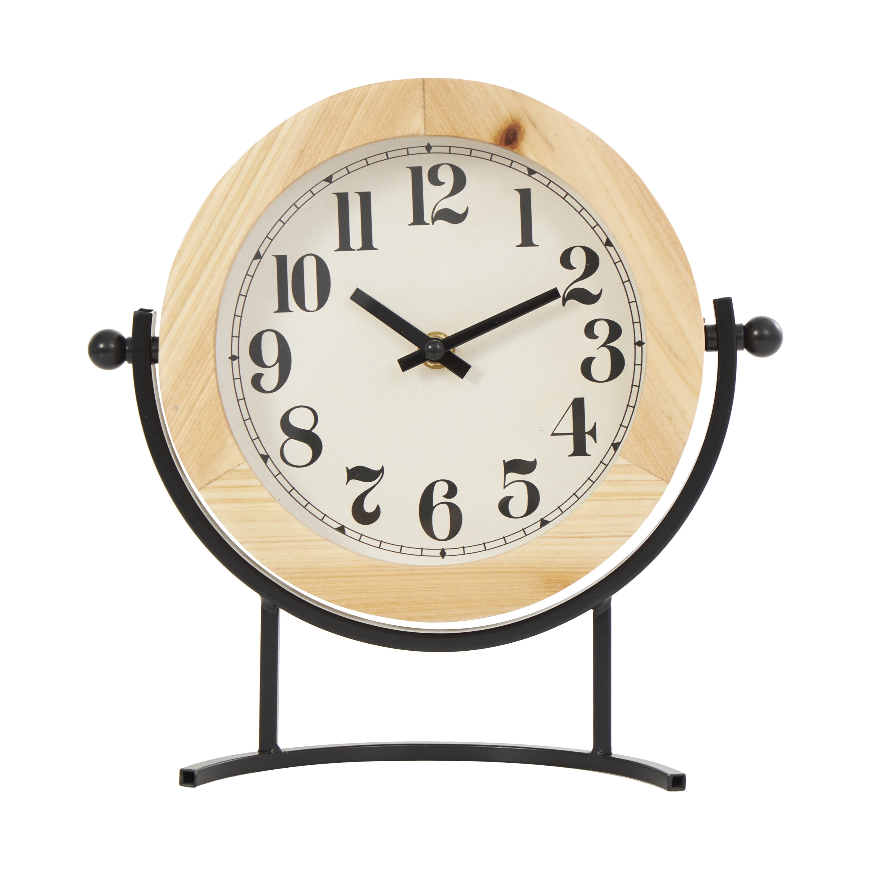 DecMode 10" Light Brown Wood Clock with Curved Black Metal Stand and Ball Details