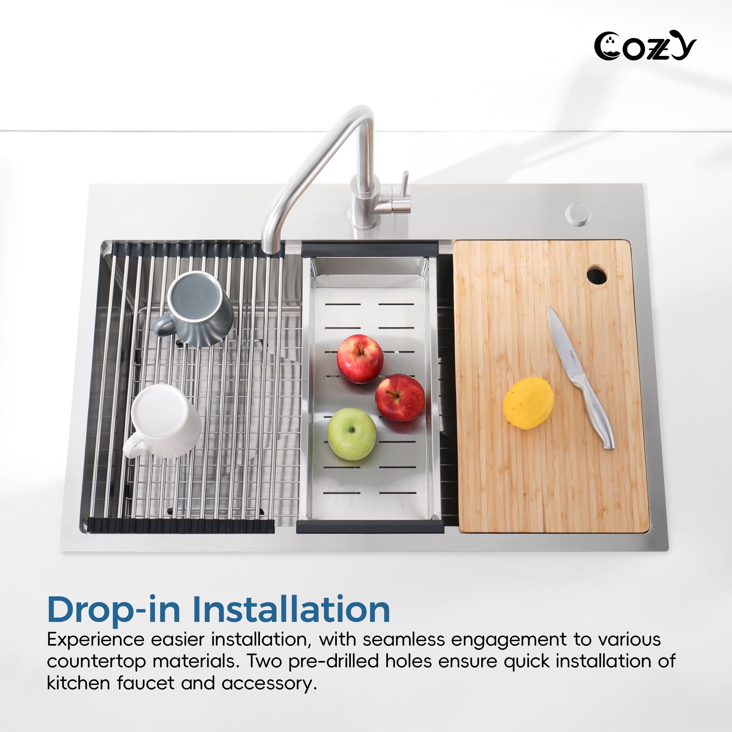 COZY Stainless Steel Kitchen Sink, Single Bowl, Overmount Handmade Sink, with US Standard Drain and Hook.