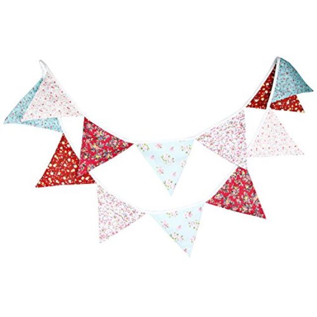 INFEI 3.2M/10.5Ft Pink Blue Vintage Flower Fabric Flags Bunting Banner Garlands for Wedding Birthday Party Outdoor & Home Decoration