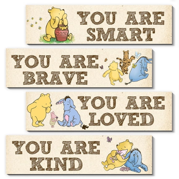 Juego de 4 piezas de arte de pared infantil Winnie Pooh en madera para decoración de habitación infantil (30x8 cm)