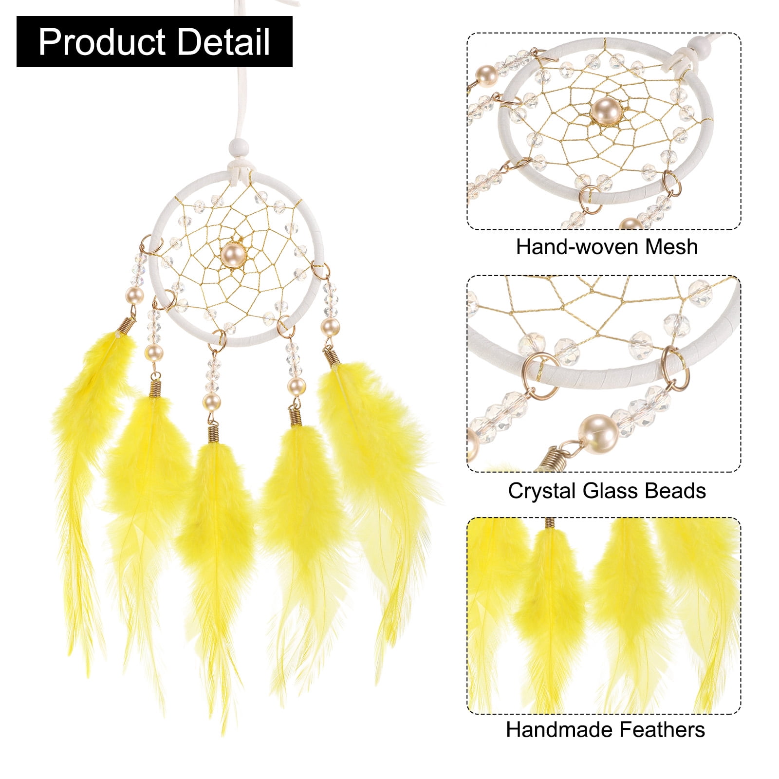 Unique Bargains Dream Catchers Handmade Feather Dreamcatcher with Crystal Beads Yellow