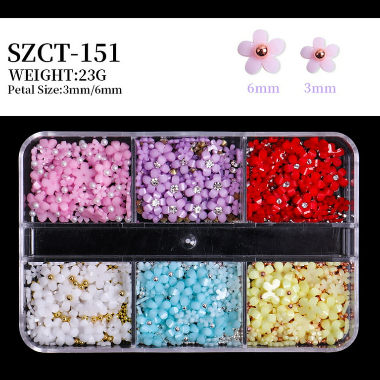 RILIMIOO 2 Boxes 3D Flower Nail Charms for Acrylic Nails, 12 Grids 3D Nail Art Flowers, Rhinestone White Pink Blue Cherry Blossom Light Change Spring Summer