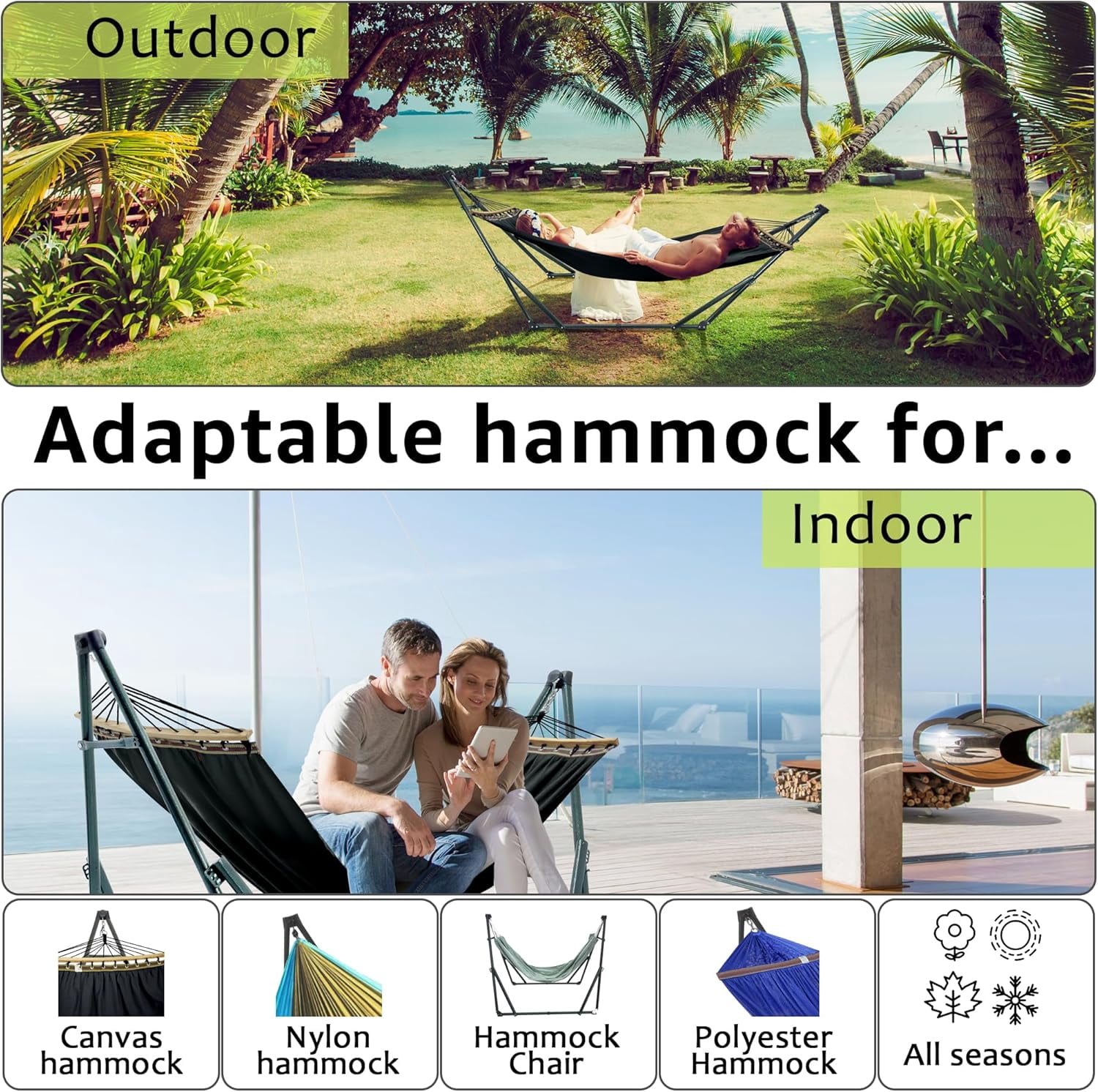 Tranquillo Ultimate Relaxation Portable&Foldable Hammock Stand, Hammock Net Canvas with Spreader Bar, Quick Fold Unfold in 30 Seconds Steel Frame Hammock 600 lbs Capacity, Green Frame/Black