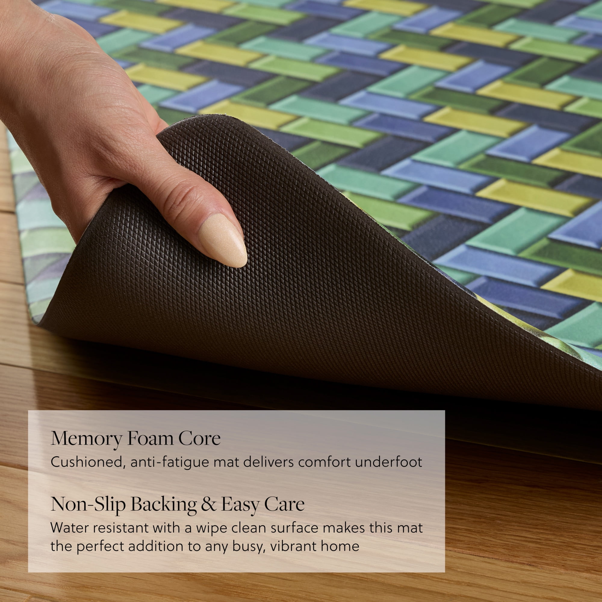 FIESTA Party Herringbone Tiles Modern Geo Anti-Fatigue Comfort Kitchen Mat, Non-Slip Floor Mat, Padded Standing Desk Mat, Blue/Green/Yellow, 20"x39"