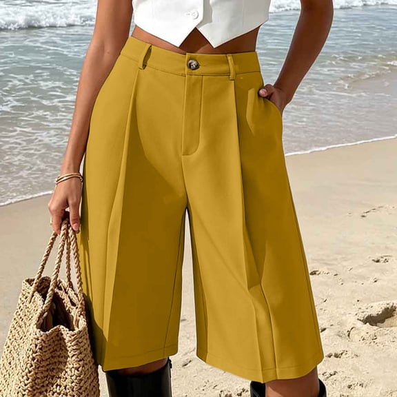Karymi Jeans for Women High Waist Bermuda Shorts, Pleated Wide Leg Dressy Shorts with Pockets, Casual Tailored Knee-Length Suit Shorts Women's Pants