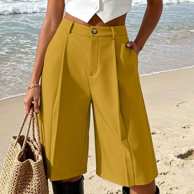 Neewe Bermuda Shorts for Women Summer Dressy Casual Elastic High Waisted Button Wide Leg Knee Length Shorts with Pockets