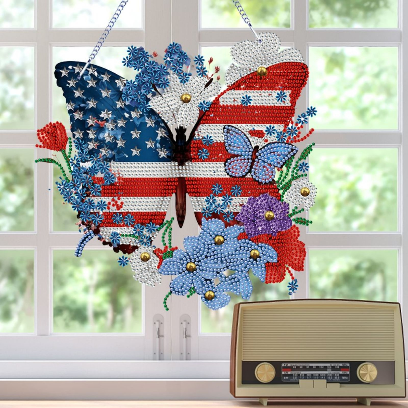 FLOPESN 2PCS DIY Diamond Pendant Diamond Art Painting Independence Day USA Butterfly Creative Design PVC Home Decoration Pendant (Single Side Diamond)