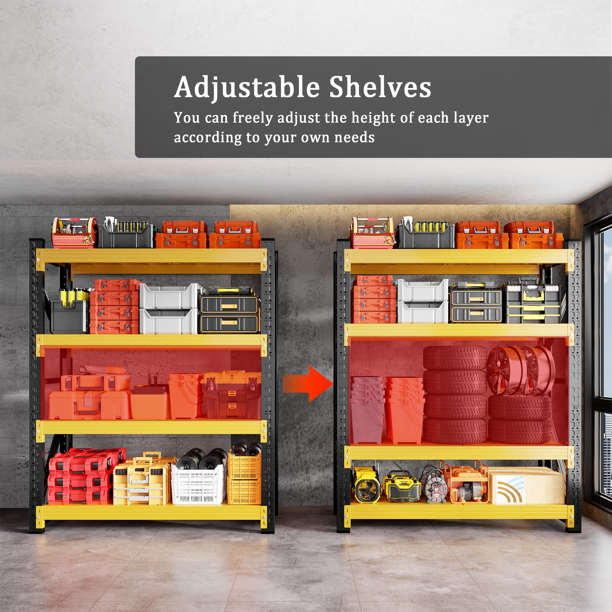48" W Garage Shelving 3000LBS Garage Shelving Heavy Duty 4-Tier Metal Storage Shelves Adjustable Shelf Unit Storage Rack for Basement Supermarket Warehouse 48" W x 24" D x 78" H Yellow