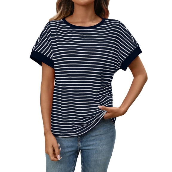 Plain T Shirts for Women Casual Striped Print Knit Round Neck Short Sleeve Going Out Tee Summer Tops