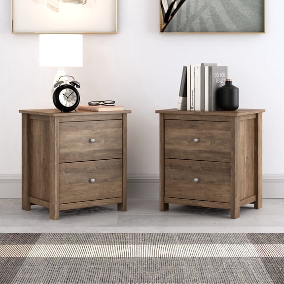 STYLIVIA Adult 2-Drawer Nightstands Set of 2, Modern Bedside Storage, Knotty Oak, 18.7" W x 15.7" D x 21.8" H