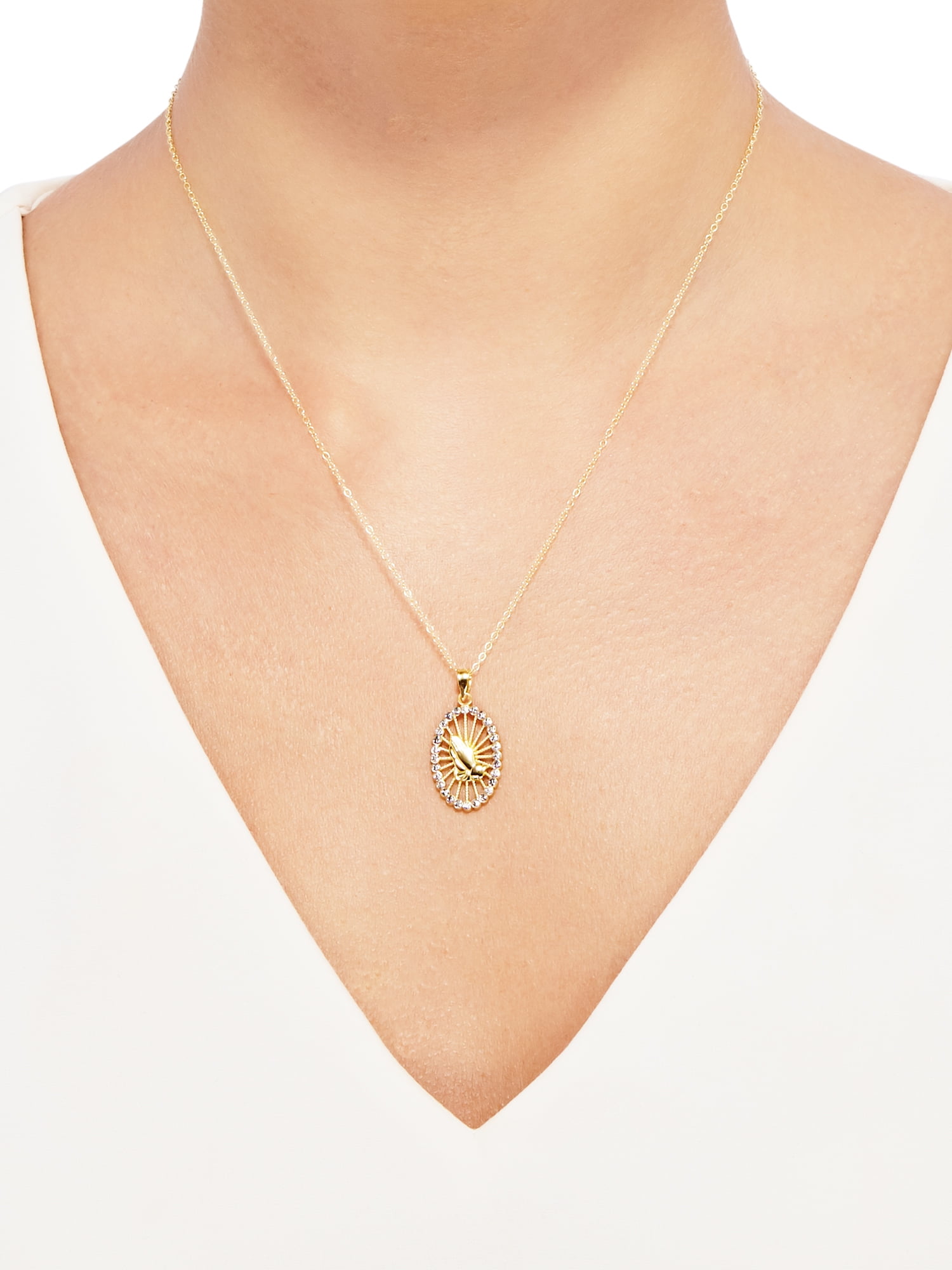 Brilliance Fine Jewelry Praying Hands 18K Gold Over Sterling Silver Oval Pendant With Crystals, 18" Necklace