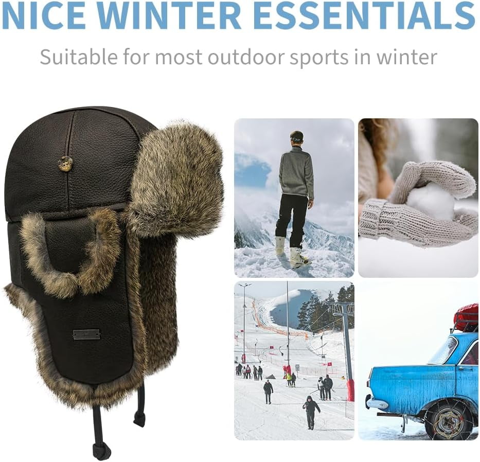Winter Trapper Hat,Faux Rabbit Fur Knit Sheepskin Russian Trooper Aviator Hats Hunting Ski Ushanka Hat with Ear Flaps