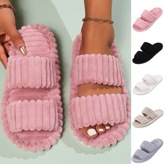 Agkizg Womens Fall Winter Slippers, House Slippers, Solid Color Open Toe Fuzzy House Slippers Warm Plushes Casual Indoor Winter Home Slippers