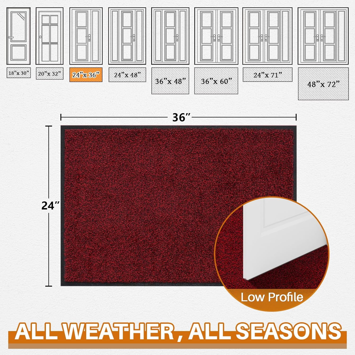 Front Door Mat, Dirt Trapper Welcome Mat for Outdoor Indoor, Non-Slip Waterproof Doormat, Durable Machine Washable Low Profile Entry Rug for Back Door Outside Patio Porch, 36" x 24", Red