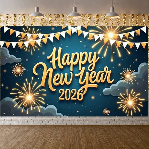 Fireworks Design Happy New Year Banner Pennant Decor New Year Display Pattern Gold Lettering 2026 Backdrop for New Year Party Holiday Celebration Indoor Decoration