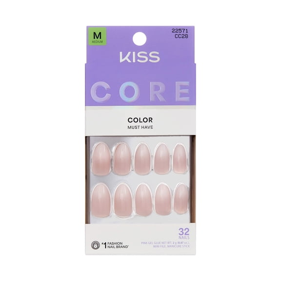 KISS CORE Color Press On Nails Almond, ‘Dulcet’, White, Medium, 32 Count
