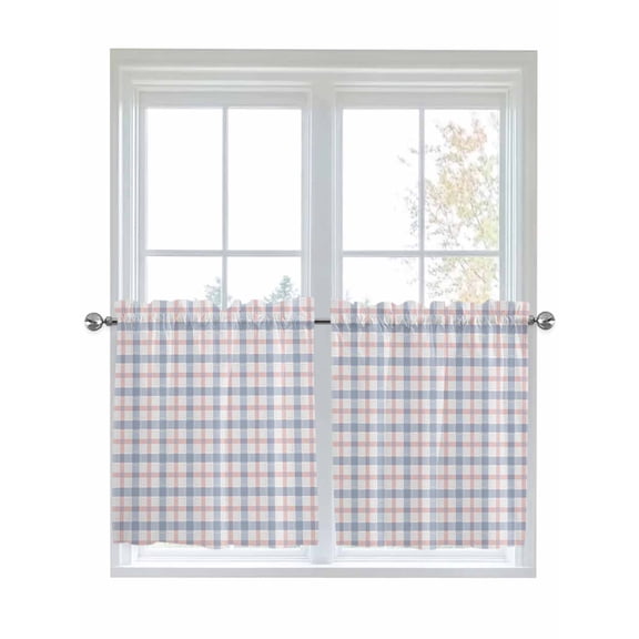 Half Window Curtains 24 Inches Long, Abstract Plaid, Window Treatment Curtain Drapes, Minimalistic Multi Colors Country Rustic Plaid Short Curtains Tiers for Kitchen Over Sink, 27.5"x24", 2 Panels