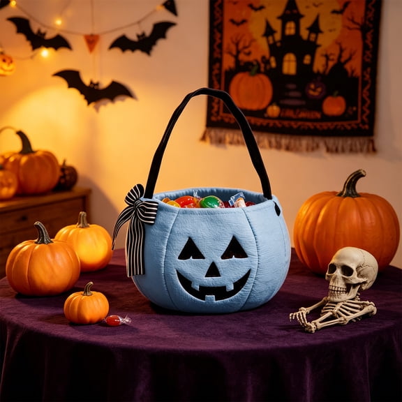 1PC Small Halloween Pumpkin Basket, 7.9 x 5.12 Inch Pumpkin Basket Trick or Treat Buckets Goodie Candy Gift Bags with Handle for Halloween Exchange Supplies (Blue)