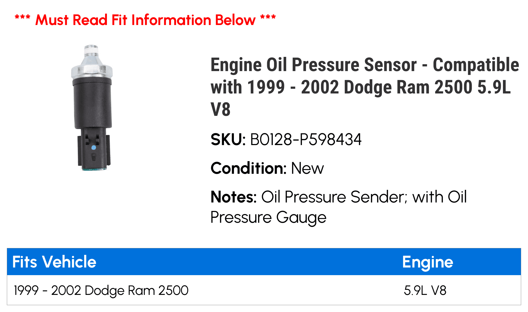 Engine Oil Pressure Sensor - Compatible with 1999 - 2002 Dodge Ram 2500 5.9L V8 2000 2001