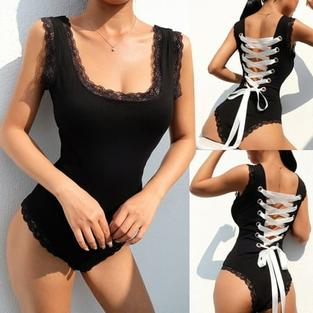 

UoCefik Womens One Piece Lingerie Sexy Teddy Hollow Out Lace Criss Cross Bodysuit Black S