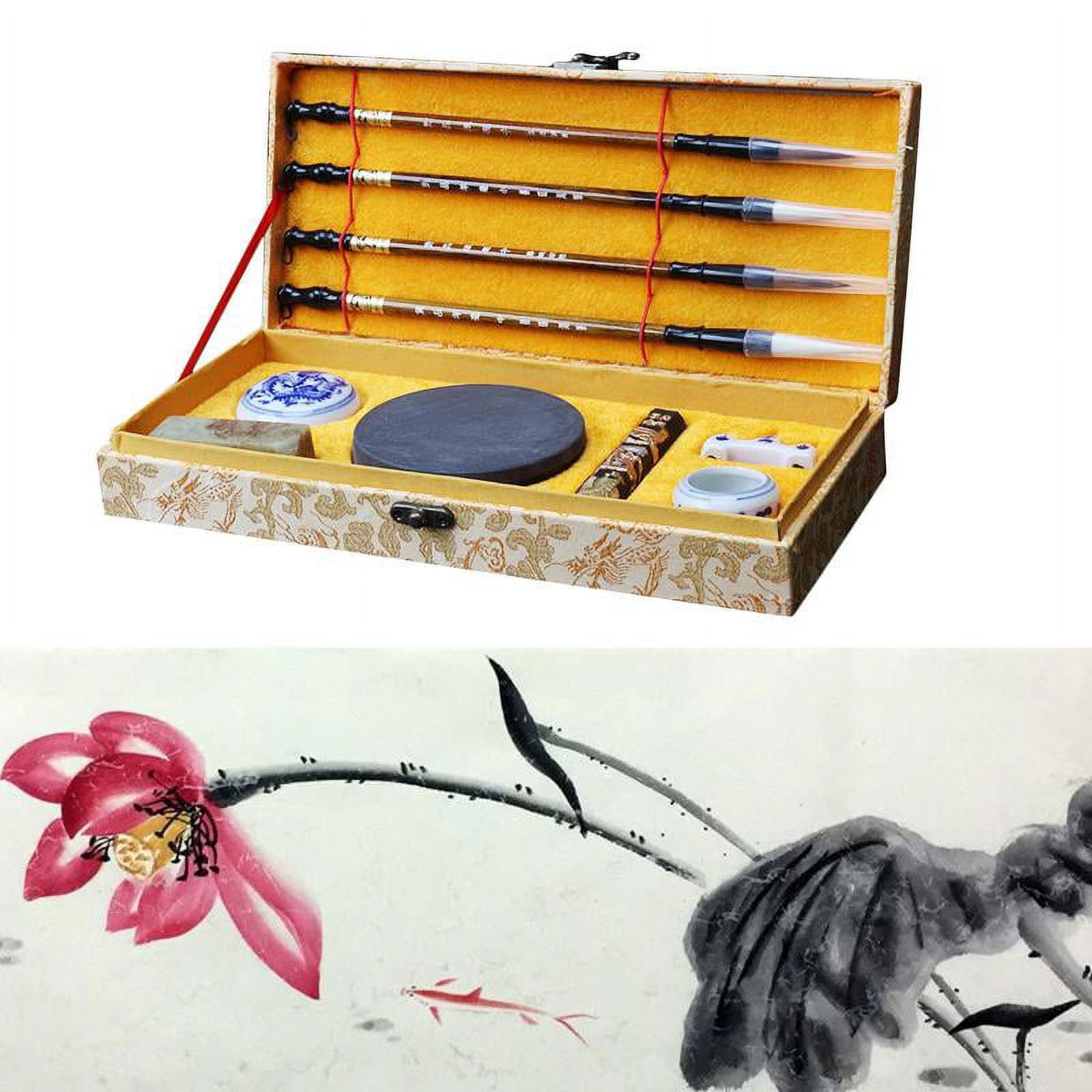 HorBous 10 Pcs Chinese Calligraphy Set Inkstone + Writing and Painting Brush + Ink Block + Seal + Inkpad + Pen Rack + Water Bowl (Basic)