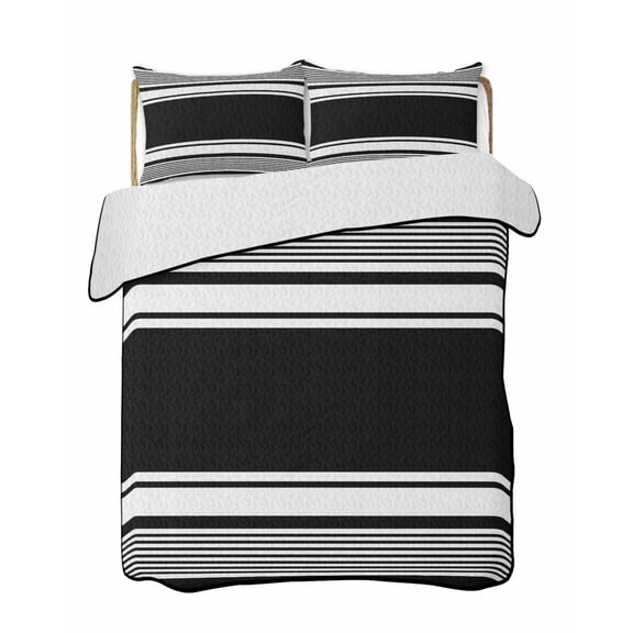 Quilts Queen Size Bedding Set, Farmhouse Black Lightweight Quilted Comforter, Farmhouse Black Line Striped Soft Reversible Bedspread Coverlet with Pillow Covers for All Season, 90" x 96"