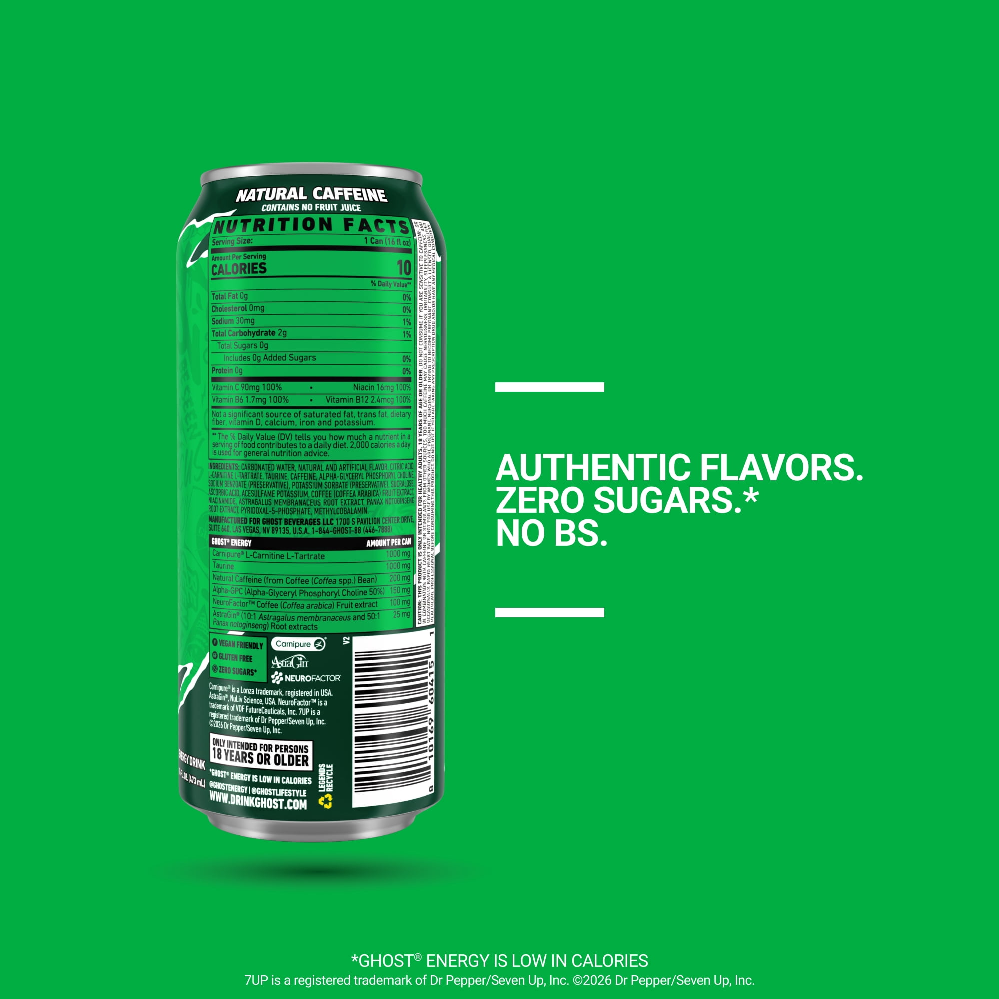 GHOST® ENERGY Zero Sugars Energy Drink, 7UP Lemon Lime, 200mg Natural Caffeine, 16 fl oz Can