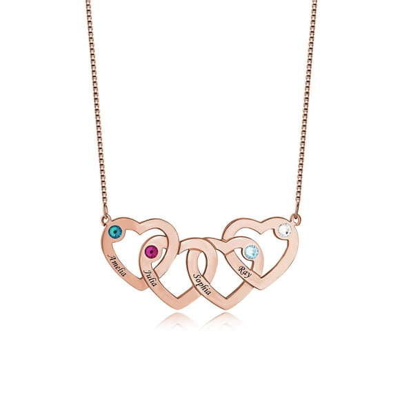 RESVIVI Sterling Silver Personalized Four Intertwined Hearts With Birthstones Name Necklace Rose Gold Plating Custom Made Any Name Pendant Necklace